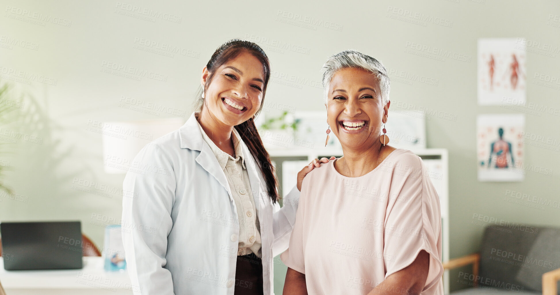 Buy stock photo Healthcare, doctor and patient in portrait with laugh, support and medical wellness with happiness. Hospital, women and senior client with physician for consultation, appointment and smile in clinic