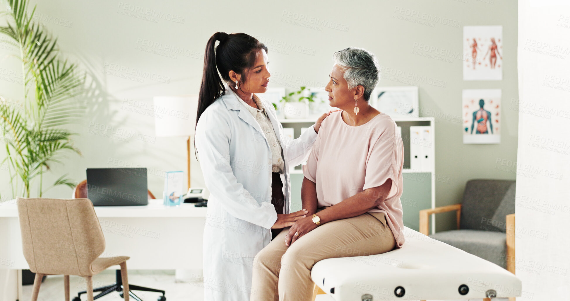 Buy stock photo Consultation, diagnosis and doctor with mature woman at hospital or clinic for healthcare. Discussion, exam and patient with medical professional for check up for heart health, advice and care