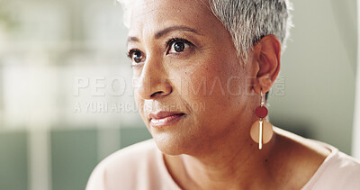 Buy stock photo Serious, thinking and mature woman with sickness, lonely and reflection for diagnosis of Alzheimer. Healthcare, remember and contemplating for disease in clinic, memory and senior person with illness