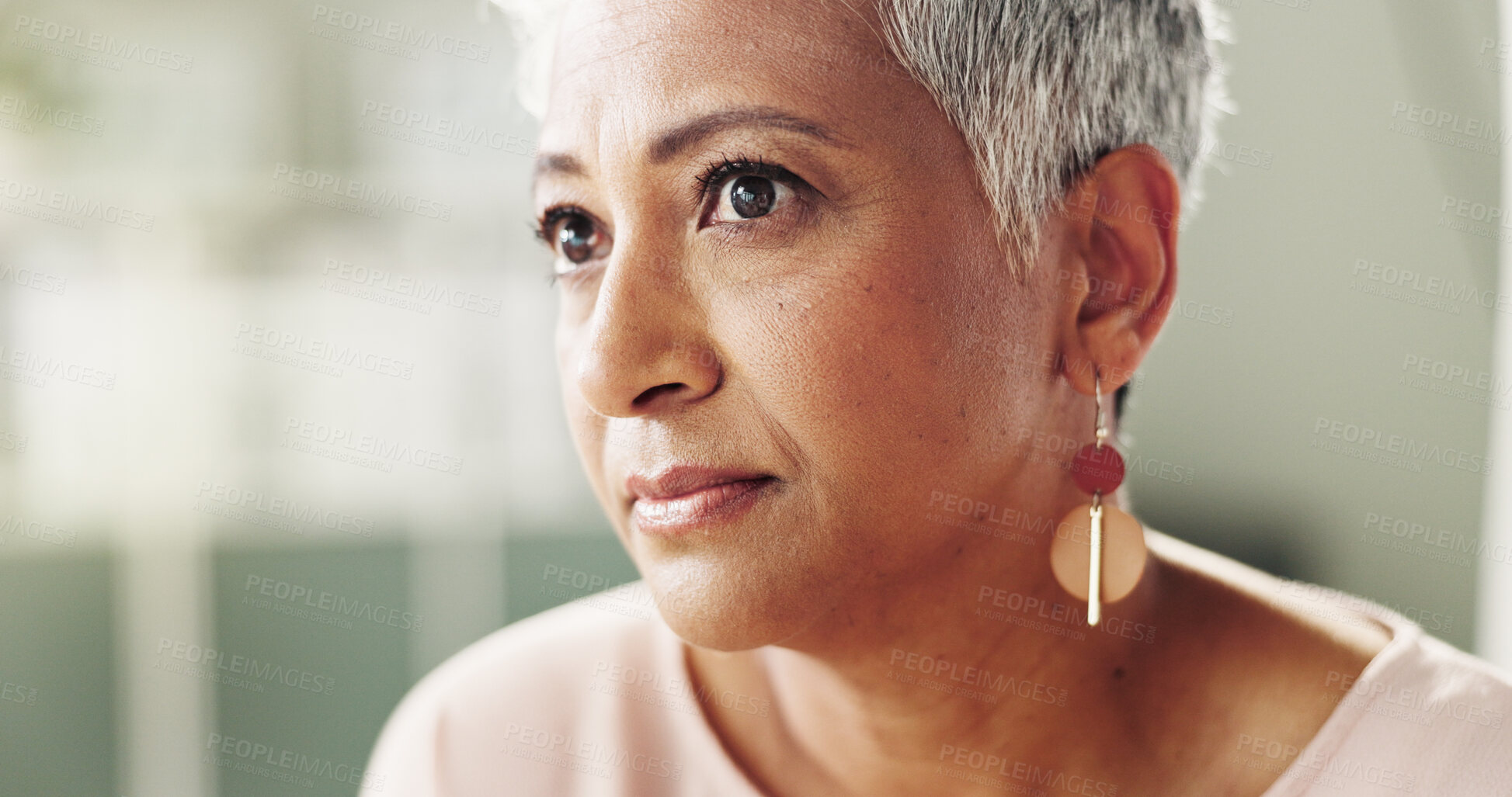 Buy stock photo Serious, thinking and mature woman with sickness, lonely and reflection for diagnosis of Alzheimer. Healthcare, remember and contemplating for disease in clinic, memory and senior person with illness