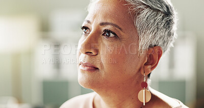 Buy stock photo Sad, thinking and mature woman with sickness, serious and reflection for diagnosis, lonely or Alzheimer. Health, remember and contemplating for disease in clinic, memory or senior person with illness