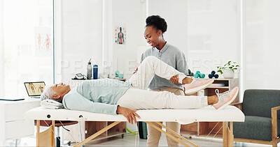 Buy stock photo Exercise legs, senior woman and physiotherapist with help, healthcare or healing. Clinic, physical therapy and person in rehabilitation, injury recovery or stretching with medical support for fitness