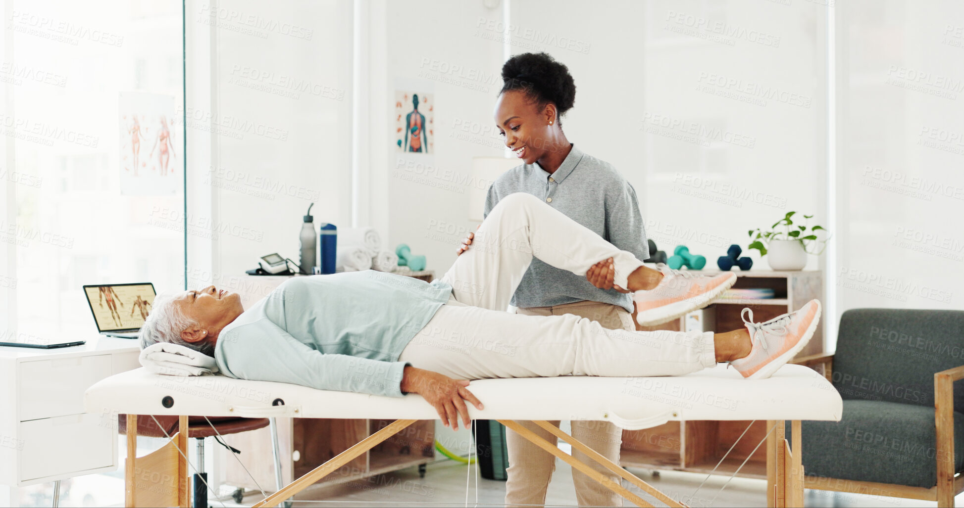 Buy stock photo Exercise legs, senior woman and physiotherapist with help, healthcare or healing. Clinic, physical therapy and person in rehabilitation, injury recovery or stretching with medical support for fitness