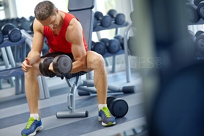 Buy stock photo Man, fitness and curls with dumbbells for exercise, workout or muscle training in gym. Bodybuilder, athlete or sports person ready with equipment for strength, body goals and health club wellness