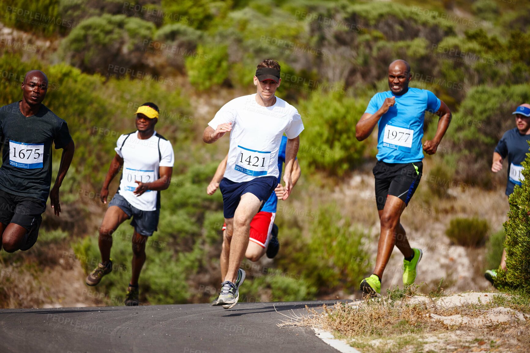 Buy stock photo Marathon, men and running group in road with competition speed, endurance challenge and workout. Fitness, sports athlete and cardio exercise with energy, race performance and contest for healthy body