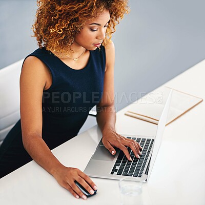 Buy stock photo Business, thinking and black woman with laptop, keyboard and website information in modern office. African person, magazine or editor with internet, computer and connection for research or journalist