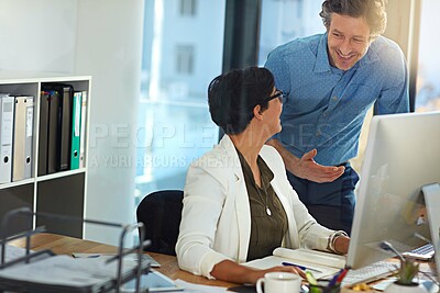 Buy stock photo Computer, smile and business people training with mentor for help with sales budget in office. Planning, coaching and happy intern in meeting for cooperation, team discussion and learning new skills