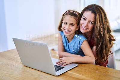 Buy stock photo Portrait, mother and happy girl with laptop in home, internet and child with woman for e learning and childhood development. Search, technology and browse for fun, streaming and bonding together