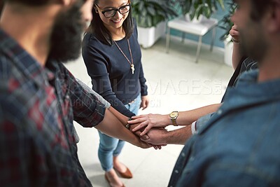 Buy stock photo Diversity, business people and hand stack for teamwork, success and support for startup company. Group huddle, community and collaboration in creative agency for project, achievement and career goal