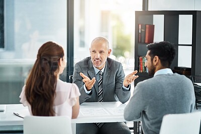 Buy stock photo Performance, review and boss with employees in office, smile and feedback on productive, work and partnership on deal. Happy, CEO and recruitment of man and woman in business, corporate and project