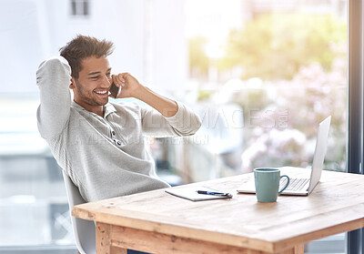 Buy stock photo Business owner, phone call and desk for audio conversation, professional communication or telecom for online startup on laptop. Happy person, smile and cellular mobile in office for listen or discuss