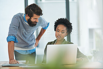 Buy stock photo Partners, laptop and mentor in office for training, opinion and advice on proposal or company goals. Colleagues, support and coaching or feedback on project, talking and teamwork on idea or planning