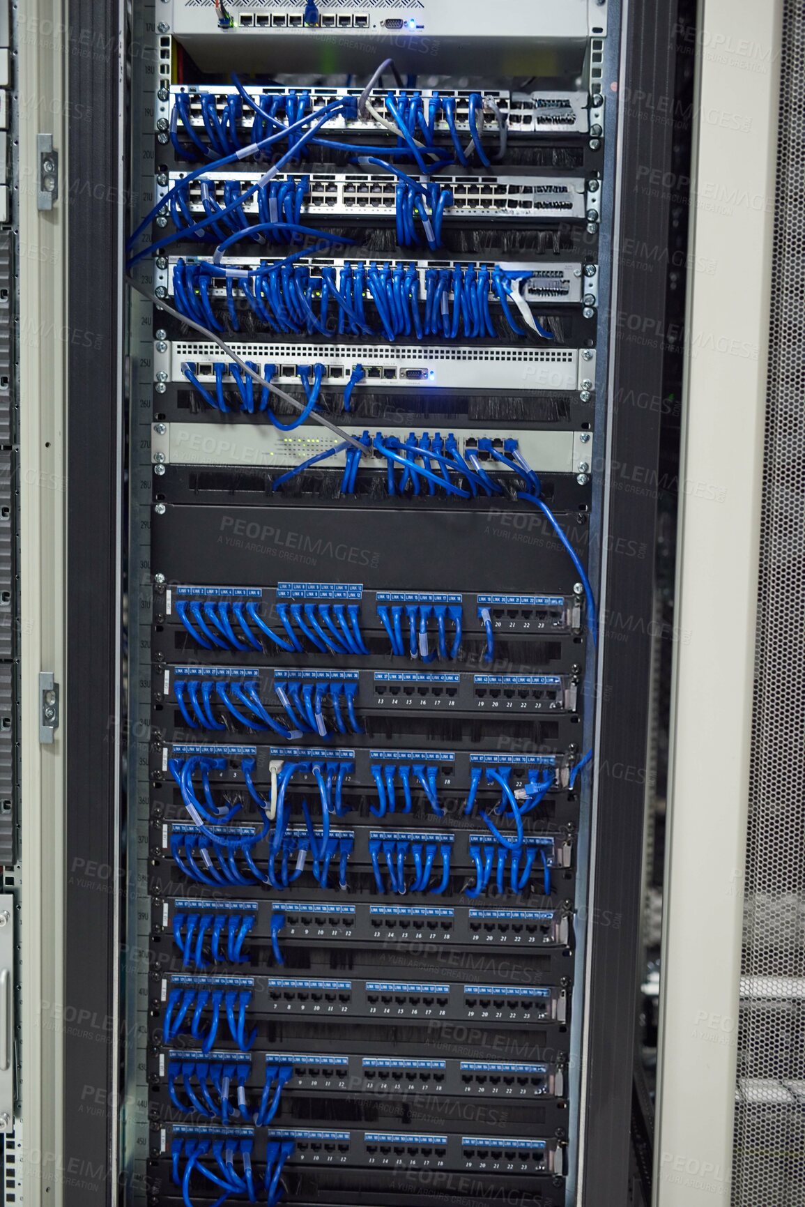 Buy stock photo Data center, cables and hardware in server room for information technology, configuration or software update. Empty, hub and wiring for security patch, system recovery or optimize performance