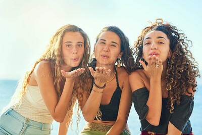 Buy stock photo Girl, friends and blow kiss on vacation, portrait and happy with bonding, connection or memory in summer. Women, people and group with smile for symbol, icon or sign for holiday at beach in Italy