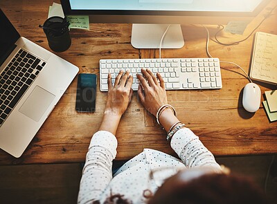 Buy stock photo Above, business and woman with computer, hands and typing with deadline, internet and connection. Closeup, person and evening with journalist, researcher for article and report for story and review
