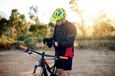 Buy stock photo Cyclist, healthy and man with bicycle, travel and athlete with fitness for journey, trail and nature Outdoor, race and person with eco friendly transport, carbon footprint and adventure in woods