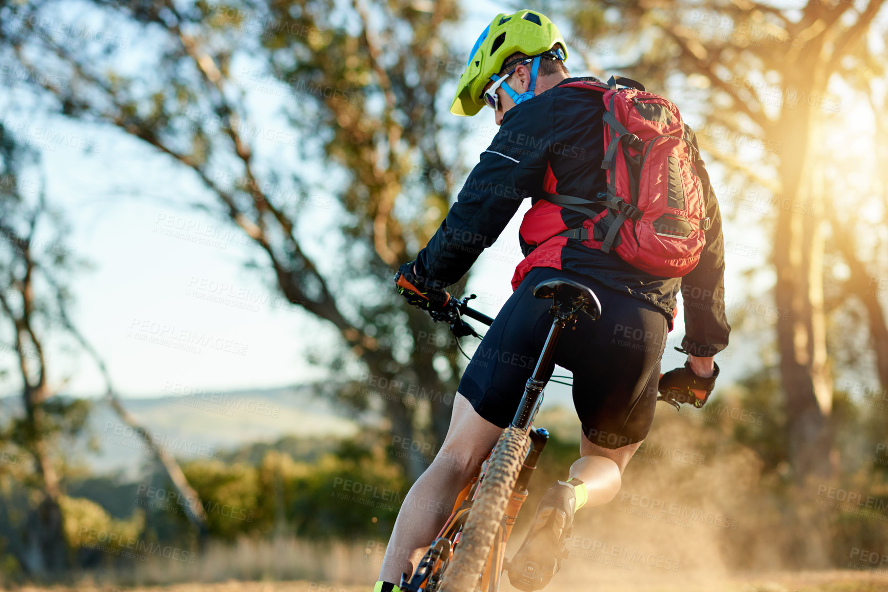 Buy stock photo Man, cycling or dirt road with bicycle for extreme sport, fitness or cardio workout in nature. Active, cyclist or riding with mountain bike, helmet or backpack for adrenaline rush or outdoor exercise