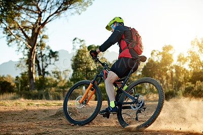 Buy stock photo Mountain bike, training and man with fitness, travel and environment with competition. Person, adrenaline or cyclist with practice, hobby or countryside with adventure, challenge or nature with hobby