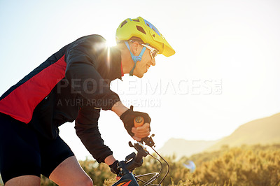 Buy stock photo Bike, smile and sports with man in mountains for outdoor adrenaline, adventure or training. Exercise, fitness or hobby and person cycling off road in nature for challenge, competition or performance