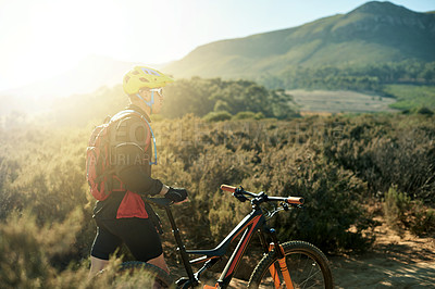 Buy stock photo Travel, man and mountain bike in countryside for fitness, body health and planning journey for exercise. Nature, rider and walking with bicycle for sports, off road adventure and thinking of cycling