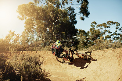 Buy stock photo Mountain bike, sports and trail with man outdoor adrenaline, adventure or training at speed. Exercise, fitness and performance with person cycling in nature for challenge, competition or hobby