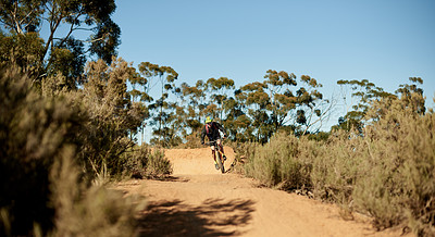 Buy stock photo Fitness, man or bicycle on mountain for challenge, dirt cycling or sport on path. Athlete, bike or workout on nature trail for exercise, cardio training or travel in environment for outdoor adventure