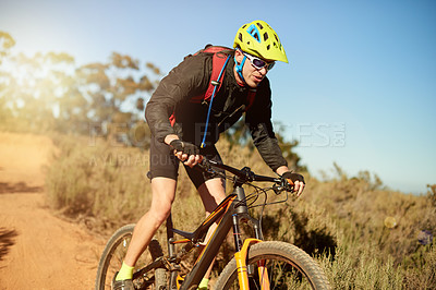 Buy stock photo Mountain bike, adventure and man with fitness, bicycle and adrenaline with challenge. Healthy person, extreme sports and cyclist with practice, travel or dirt road with hobby, training or competition