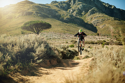 Buy stock photo Mountain, cycling and man with bicycle, fitness and speed for race in nature, carbon footprint and trail. Outdoor, adventure and person with eco friendly transport, environment and performance