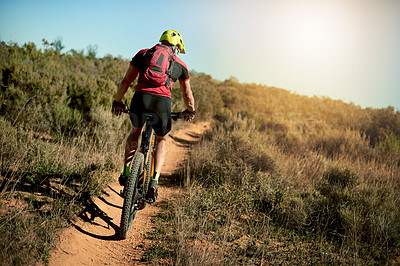 Buy stock photo Fitness, man and bicycle on nature trail for journey, challenge and practice for competition. Sport, back and athlete on bike for adventure, exercise and cardio training on mountain path for wellness