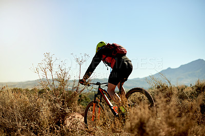 Buy stock photo Mountain bike, bicycle and man with wellness, travel and environment with challenge. Healthy person, extreme sports or cyclist with practice, fitness or dirt road with hobby, adventure or competition