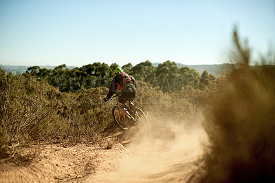 Buy stock photo Dust, man and bike in nature for fitness, exercise and training for triathlon competition. Athlete, bicycle and outdoor challenge on mountain trail for sport, travel adventure or workout in Australia