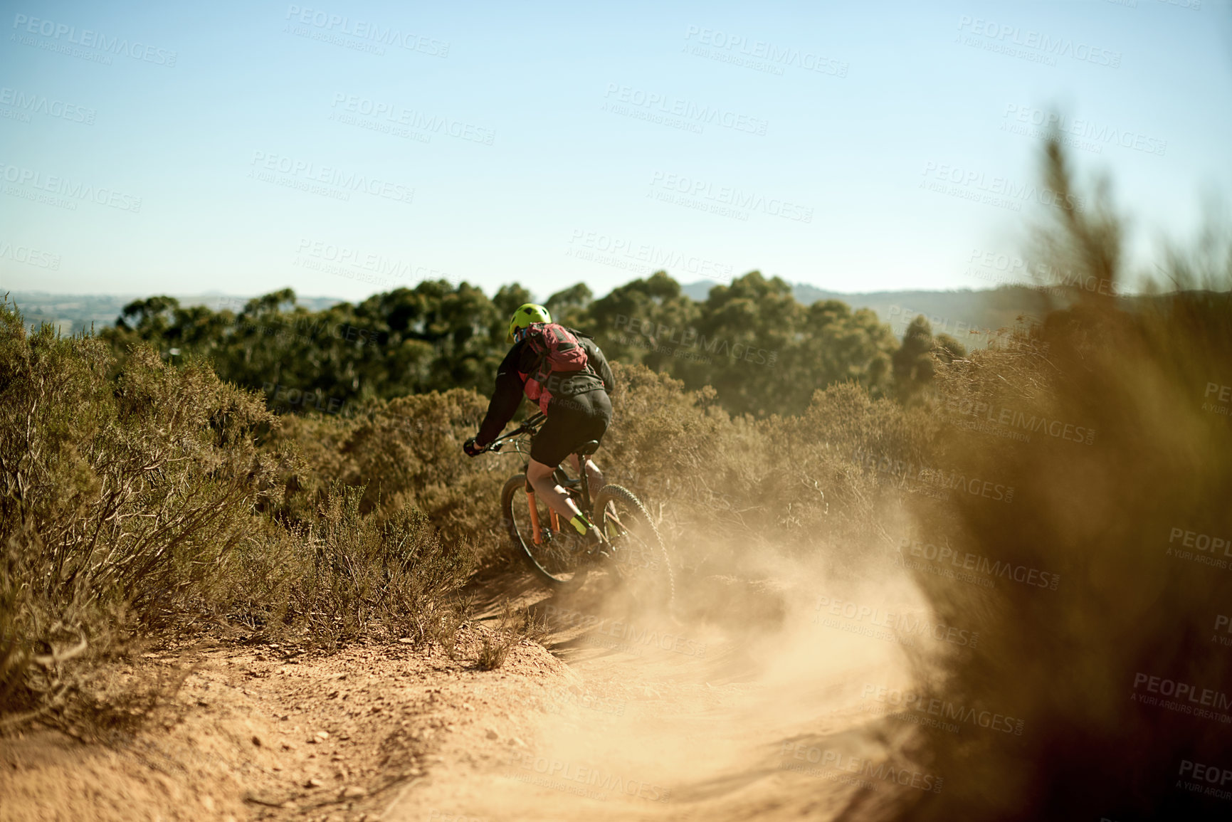 Buy stock photo Dust, man and bike in nature for fitness, exercise and training for triathlon competition. Athlete, bicycle and outdoor challenge on mountain trail for sport, travel adventure or workout in Australia