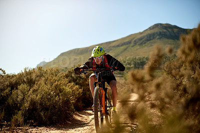 Buy stock photo Cycling, sports and athlete on dirt road trail for gravel race, challenge or competition training. Fitness, mountain bike and man cyclist riding on outdoor path for exercise or workout in nature.