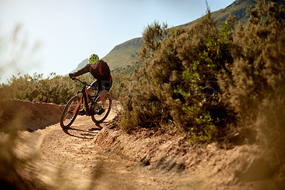 Buy stock photo Sport, man and bicycle on nature trail for journey, challenge and practice for competition. Fitness, athlete and bike on mountain course for adventure, exercise and cardio training in environment
