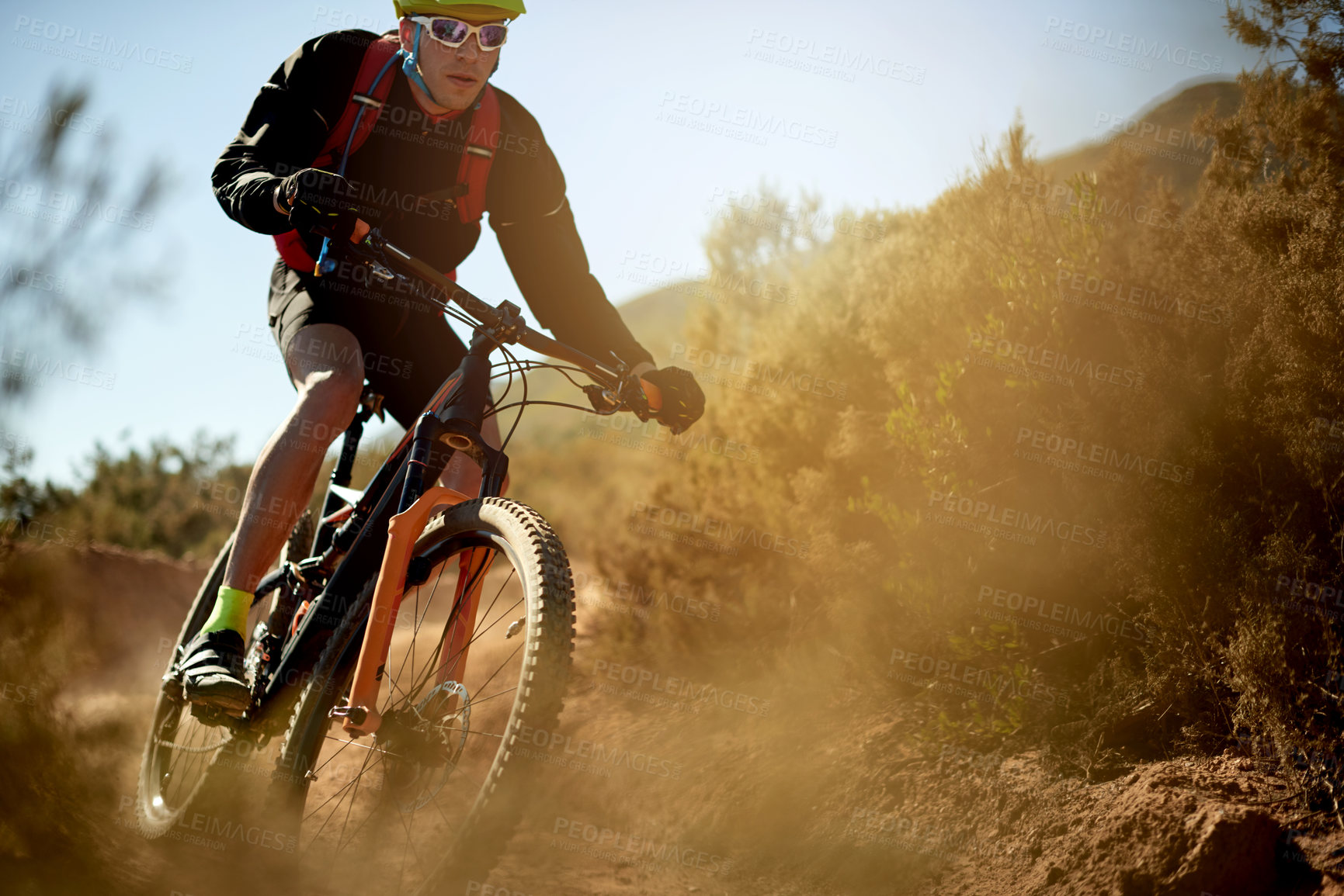 Buy stock photo Nature, sports and athlete on dirt road trail for gravel race, challenge or competition training. Fitness, mountain bike and man cyclist riding in mud outdoor for exercise or workout with speed.