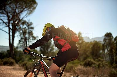 Buy stock photo Nature, mountain bike and man with fitness, challenge and energy with hobby, adventure and extreme sports. Bicycle, person and cyclist with journey, travel and trail with competition and training