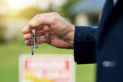 Buy stock photo Hands, person and agent with keys of new home of real estate success, investment and homeowner. Realtor, ownership and deal of property purchase, sale negotiation and achievement of offer opportunity