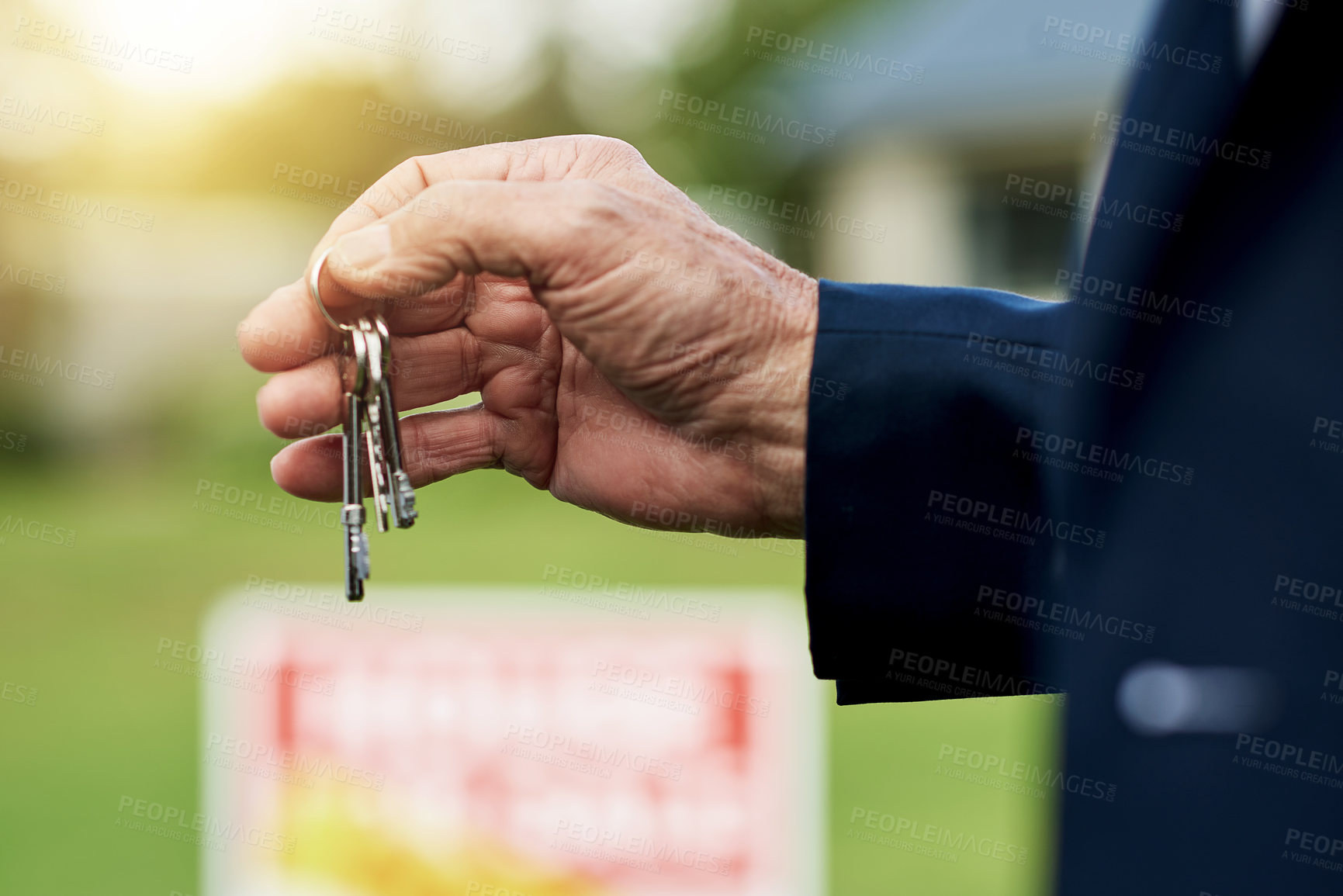 Buy stock photo Hands, person and agent with keys of new home of real estate success, investment and homeowner. Realtor, ownership and deal of property purchase, sale negotiation and achievement of offer opportunity