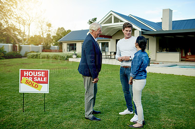 Buy stock photo Property, real estate agent and homeowner couple with sold sign, garden and new house for milestone together. Love, mortgage and investment with man, woman and purchase for home ownership success