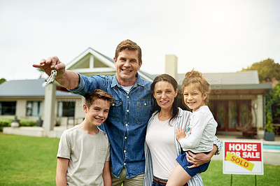 Buy stock photo Portrait, happy and family with keys of new home for real estate success, investment and homeowner. Smile, parents and kids with property purchase, approved mortgage and achievement for secure future