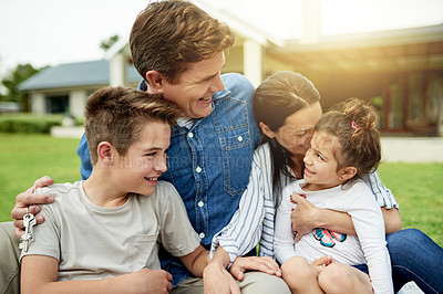 Buy stock photo Outdoor, new home and family with smile, kids and gathering with break, lens flare and love. Parents, children and mother with father, real estate and relax with humor, property or bonding together