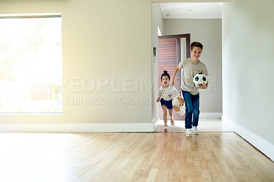 Buy stock photo Excited, children and running for moving to new home of playful energy, movement and explore property. Happy, kids and toys for real estate relocation, discovery game and bonding of apartment welcome