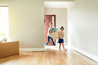 Buy stock photo Children, walking and boxes for moving to new home of property investment, relocation and helping. Kids, girl and boy with cardboard package for real estate, security opportunity and bonding together