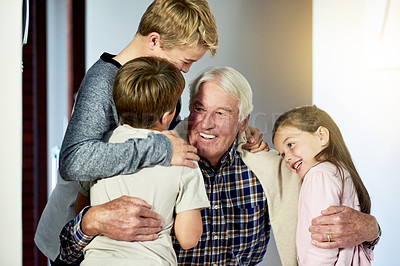 Buy stock photo Children, happy and hug grandfather for visit in home with arrival welcome, greeting and reunion. Excited people, family connection and embrace by front door with bonding together and relationship