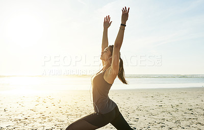 Buy stock photo Beach, space and woman in warrior pose for yoga, posture or holistic health for calm soul. Body, mockup or female person stretching arms at sea for mindfulness, chakra balance or peace for awareness