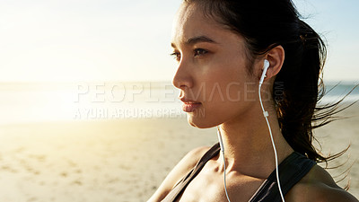 Buy stock photo Exercise, beach and thinking with woman prepare for running, workout and summer goal with music. Athlete, warm up or ready to start jog for fitness, endurance or health for wellness sport training