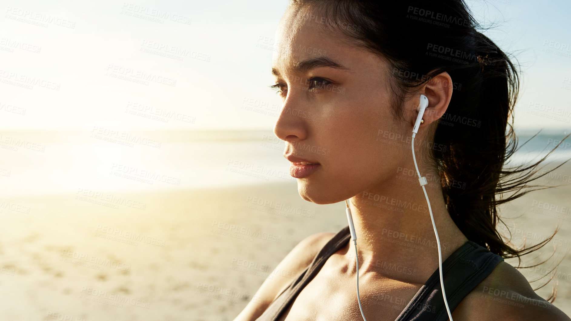 Buy stock photo Exercise, beach and thinking with woman prepare for running, workout and summer goal with music. Athlete, warm up or ready to start jog for fitness, endurance or health for wellness sport training