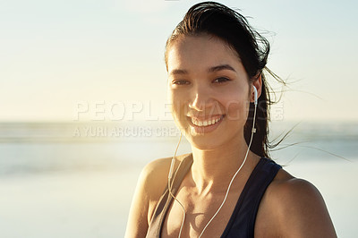 Buy stock photo Portrait, music and happy woman at beach on vacation, travel and listening to rock album at sunset. Face, outdoor and person with earphones for audio, sound and streaming radio by ocean in Mexico