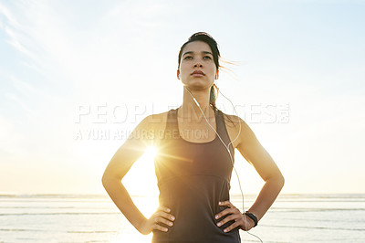 Buy stock photo Workout, beach and motivation with woman prepare for running, exercise and summer with music. Athlete, sunrise or ready to start jog for training, endurance or health for cardio wellness or marathon