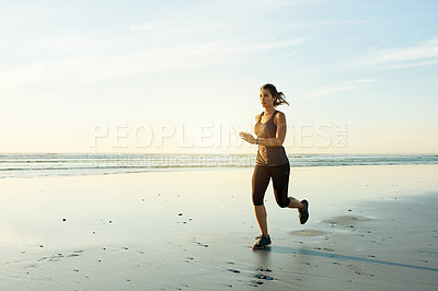 Buy stock photo Fitness, exercise and woman running by beach for resistance training, marathon challenge and cardio. Space, athlete and morning jog by ocean for competition performance, body workout and endurance